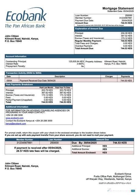 Download Kenya Ecobank Kenya mortgage statement Word and PDF template Photoshop template